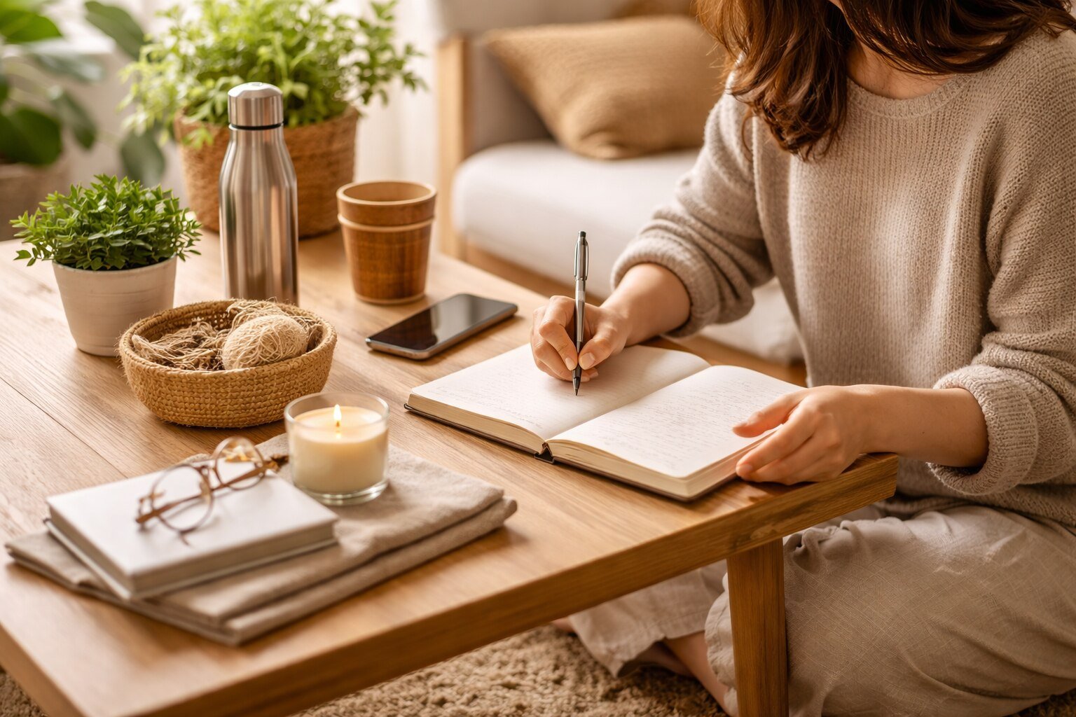 Person journaling at home while planning simple, sustainable lifestyle habits in a calm living space
