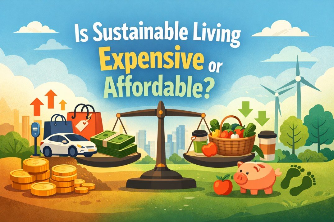 Illustration showing balance scale comparing sustainable living costs with groceries, renewable energy, and eco habits versus money and shopping expenses.