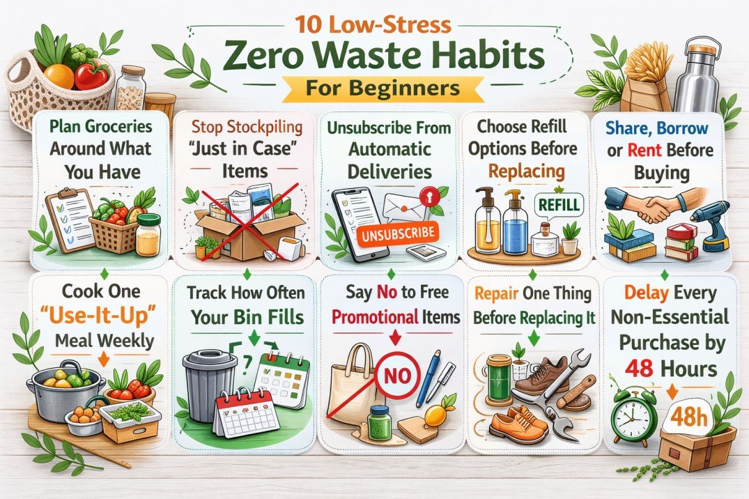 modern zero waste habits for beginners infographic on light wood background