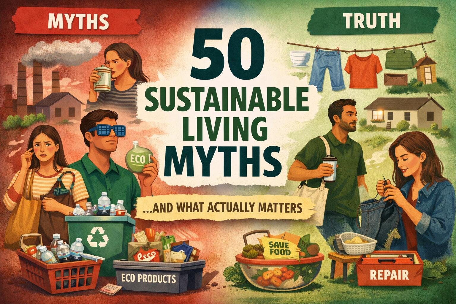 sustainable living myths versus reality with eco products, recycling bins, repairing clothes and reducing food waste