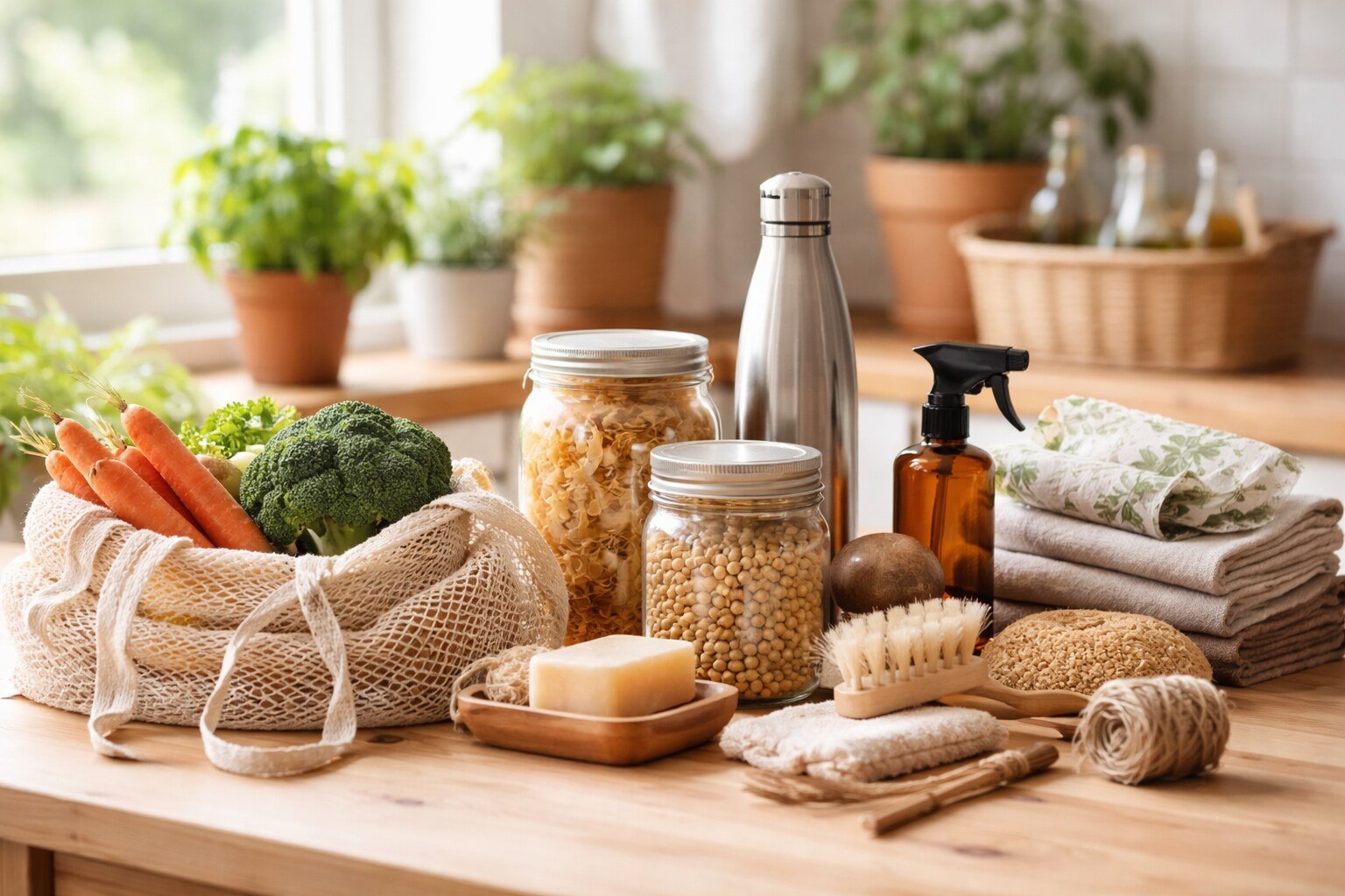 Sustainable living without buying anything concept showing reusable kitchen items, glass jars, cotton bag, natural cleaners and fresh vegetables on wooden table