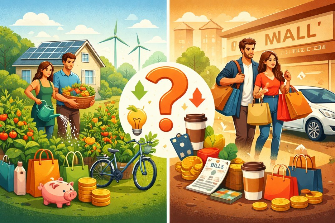sustainable living with home gardening and renewable energy versus consumer lifestyle with shopping bags, car, and monthly bills.