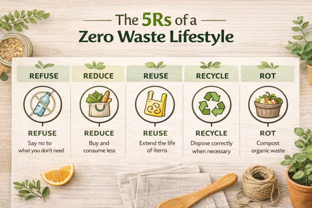The 5Rs of a zero waste lifestyle infographic showing Refuse, Reduce, Reuse, Recycle and Rot on a light wood background