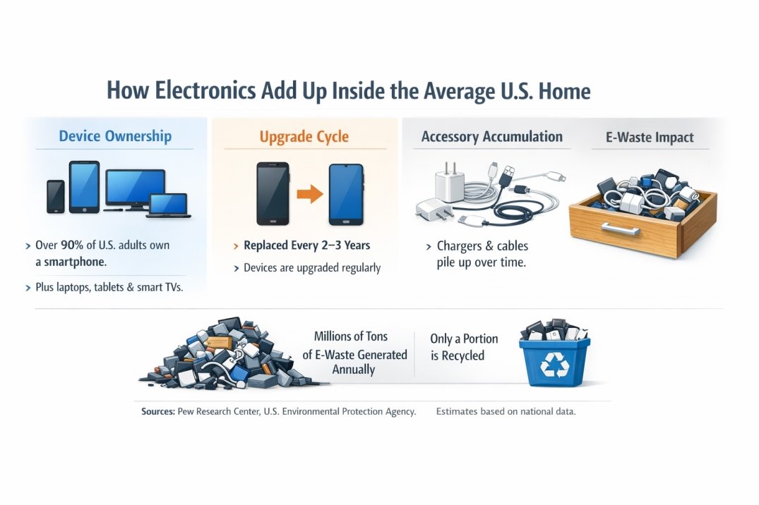 Statistics infographic showing U.S. smartphone ownership, device upgrade cycles, and electronic waste generation data