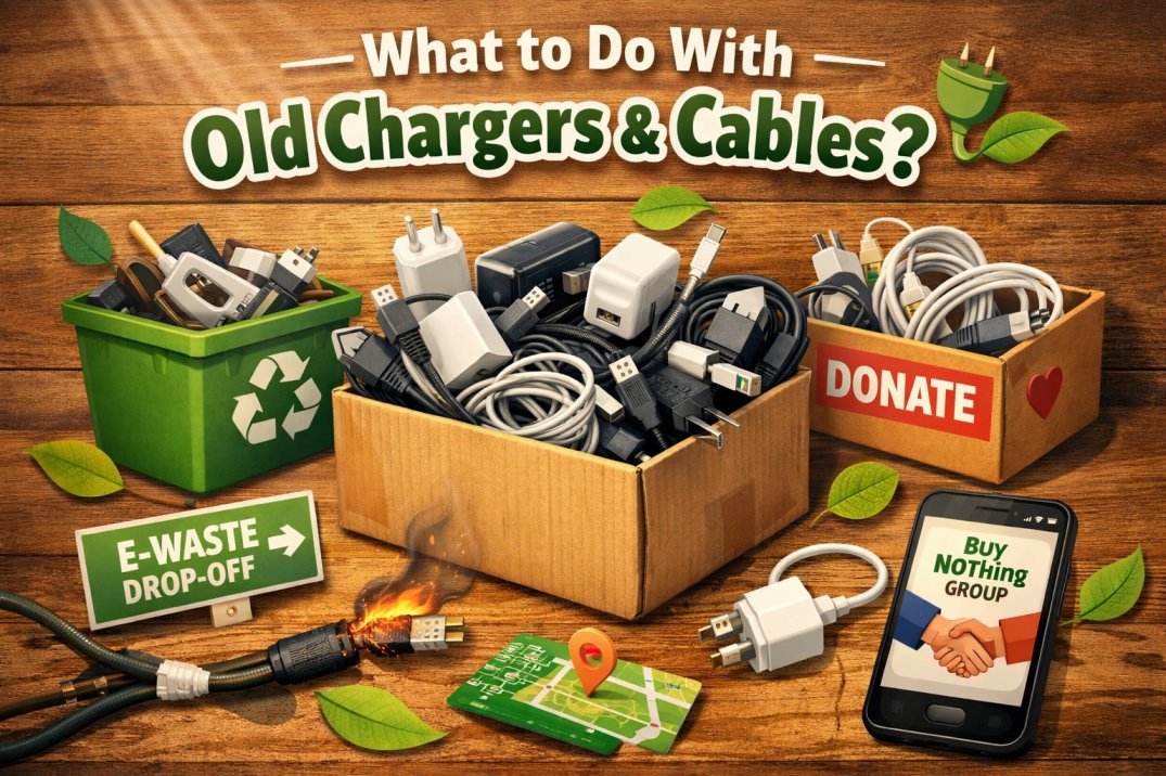Box of old chargers and tangled cables with recycle bin and donation box showing safe e-waste disposal options in the US