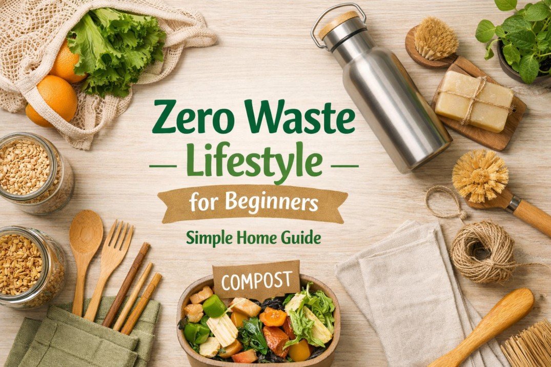 Zero waste lifestyle for beginners with reusable kitchen items and compost setup