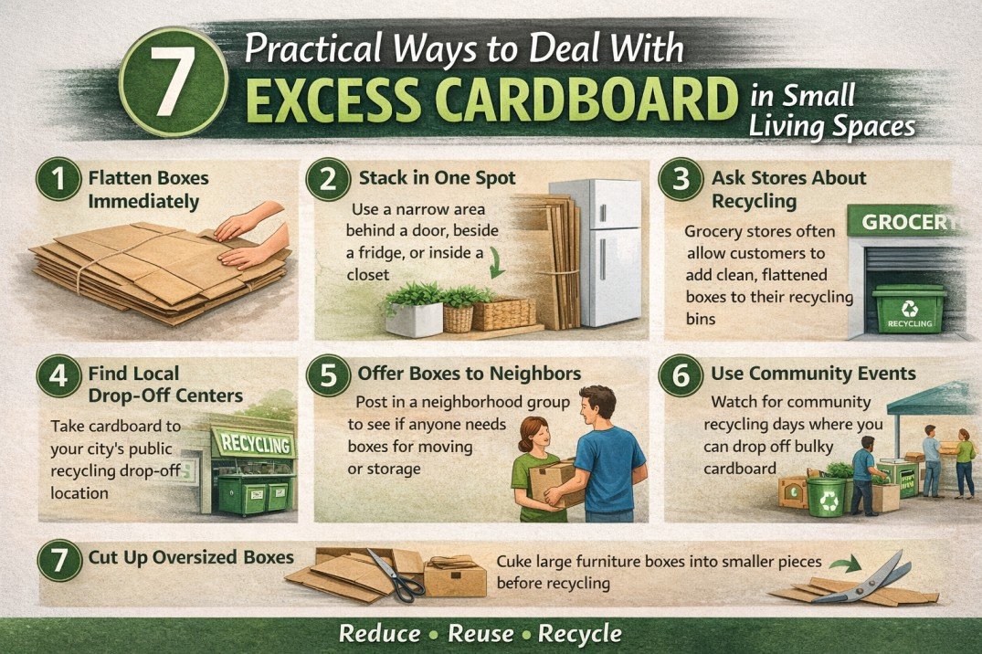infographic showing seven practical ways to manage excess cardboard boxes in small apartments