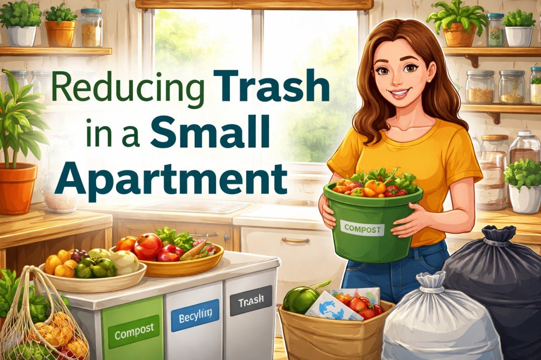 Young woman managing kitchen waste and trash in a small apartment without recycling service