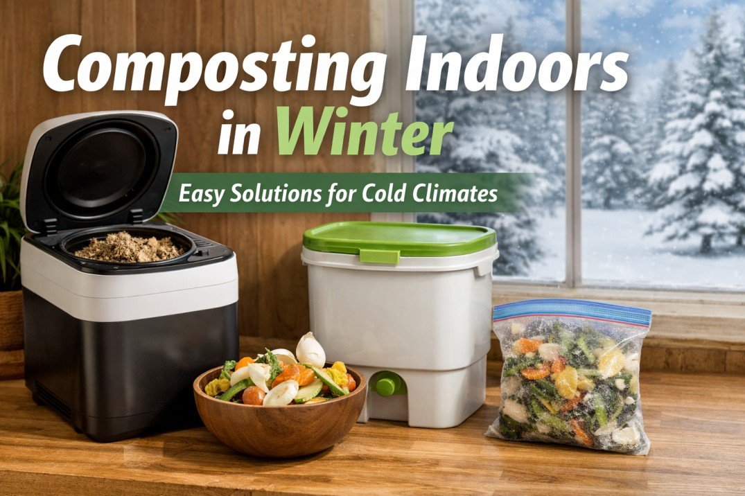 Indoor composting methods in winter including electric kitchen composter, Bokashi bin, and frozen food scraps in a cold climate home