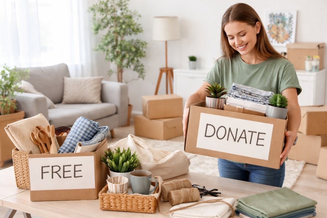 Woman packing donation box and free items while moving out of rental apartment