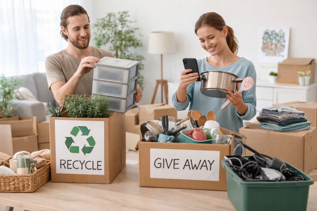 Couple sorting recycle and giveaway boxes while packing apartment for moving