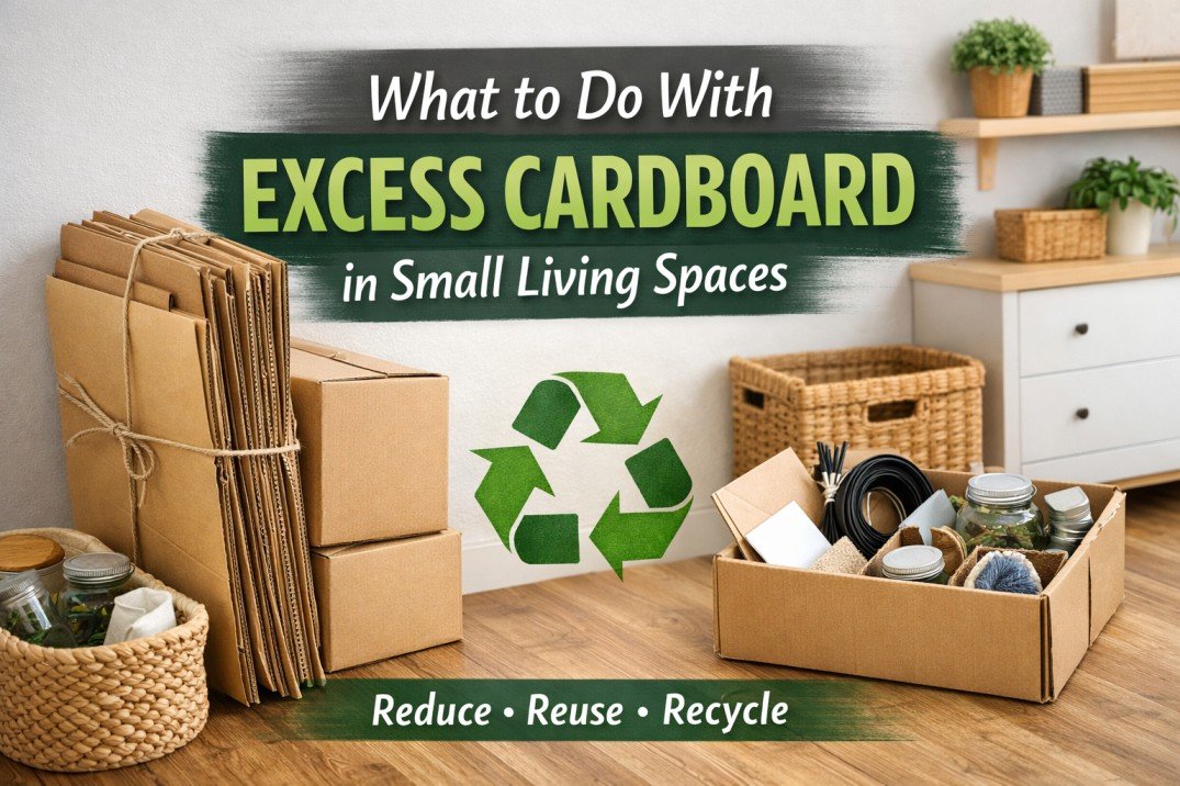 stacked and flattened cardboard boxes in a small apartment showing reuse and recycling ideas