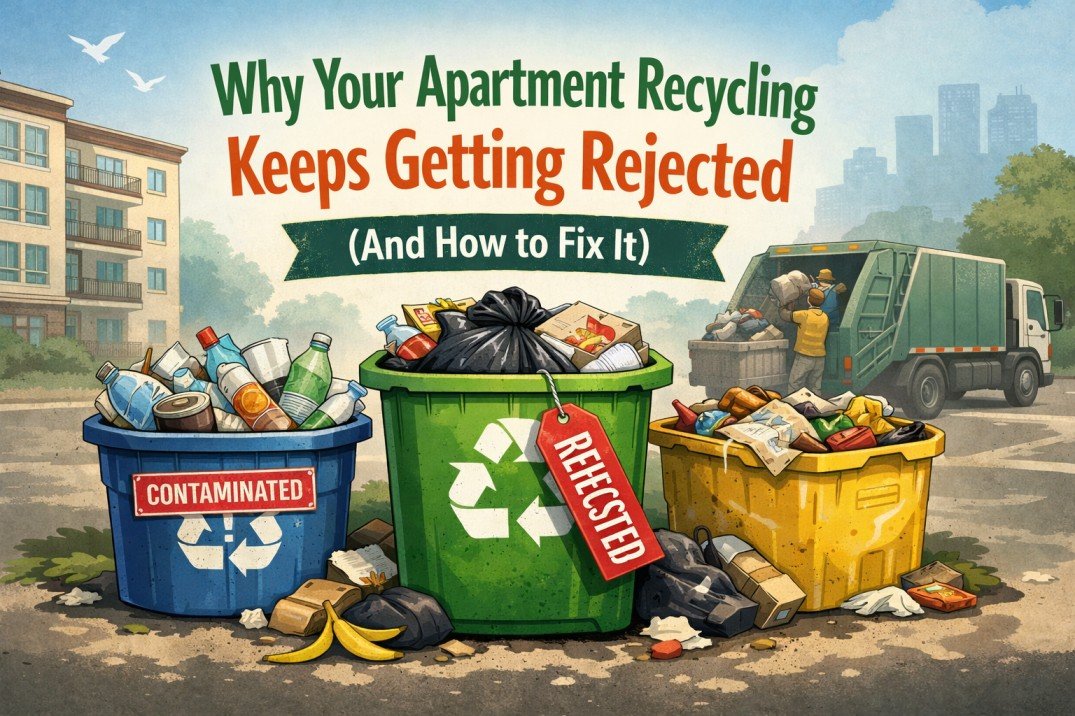 Rejected apartment recycling bins contaminated with trash, plastic bags, and food waste outside an apartment building